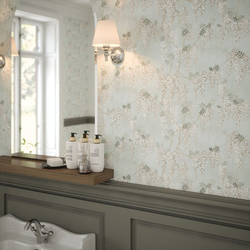 Wisteria Lane Wallpaper in Mist Green and Vintage Grey