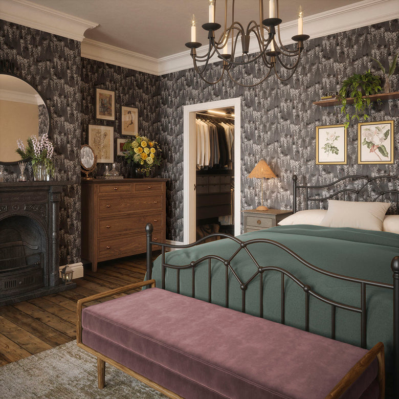 Wisteria Lane Wallpaper in Shades of Charcoal with White