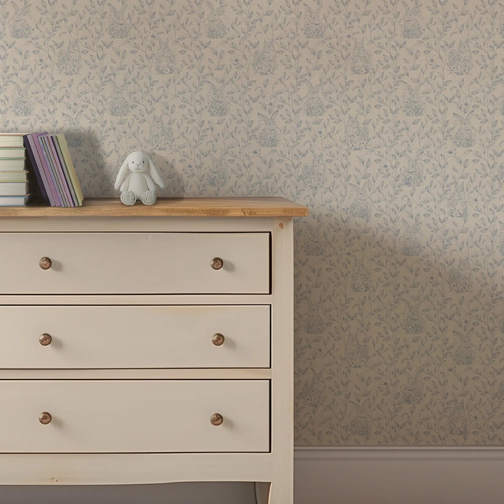 Woodland Sanctuary Wallpaper in Blue on Cream