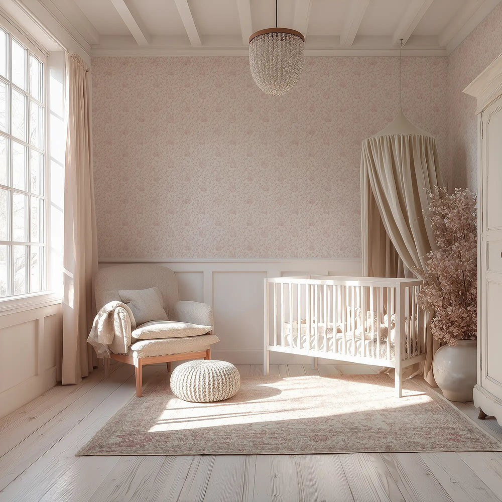 Woodland Sanctuary Wallpaper in Dusty Pink on Cream