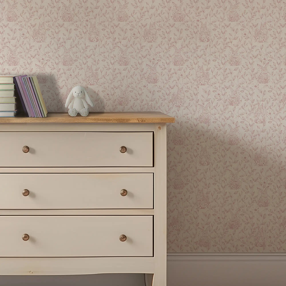 Woodland Sanctuary Wallpaper in Dusty Pink on Cream