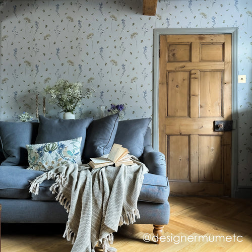 Sweet Meadow Wallpaper in Cornflower Blue and Sage on Mist