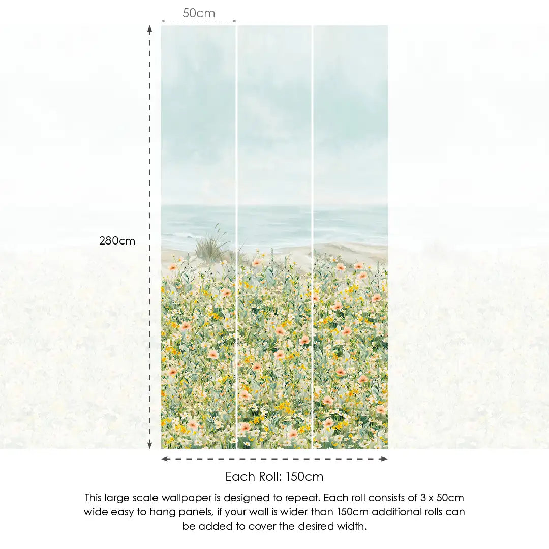 Dunes in Bloom Wallpaper in Greens, Yellows, Pink and Sky Blue