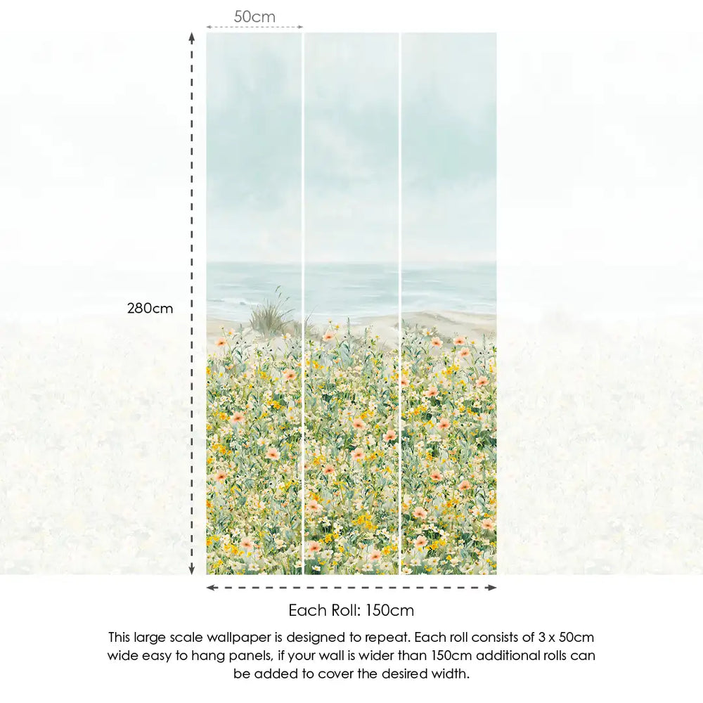 Dunes in Bloom Wallpaper in Greens, Yellows, Pink and Sky Blue