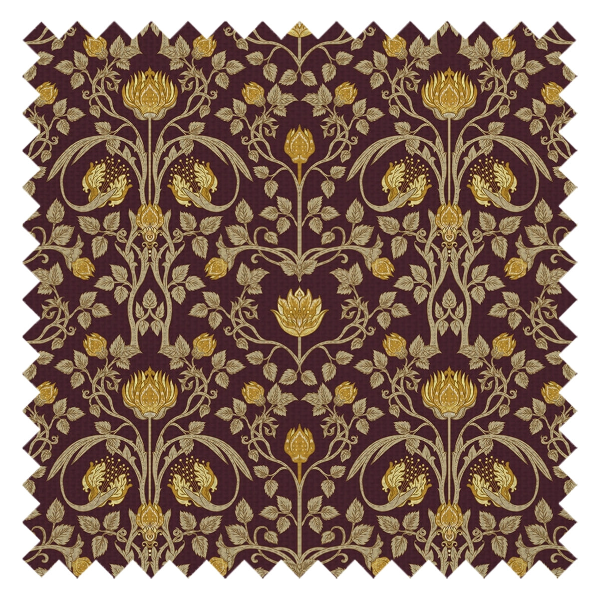 Tulip Garden Fabric in Gold on Bordeaux