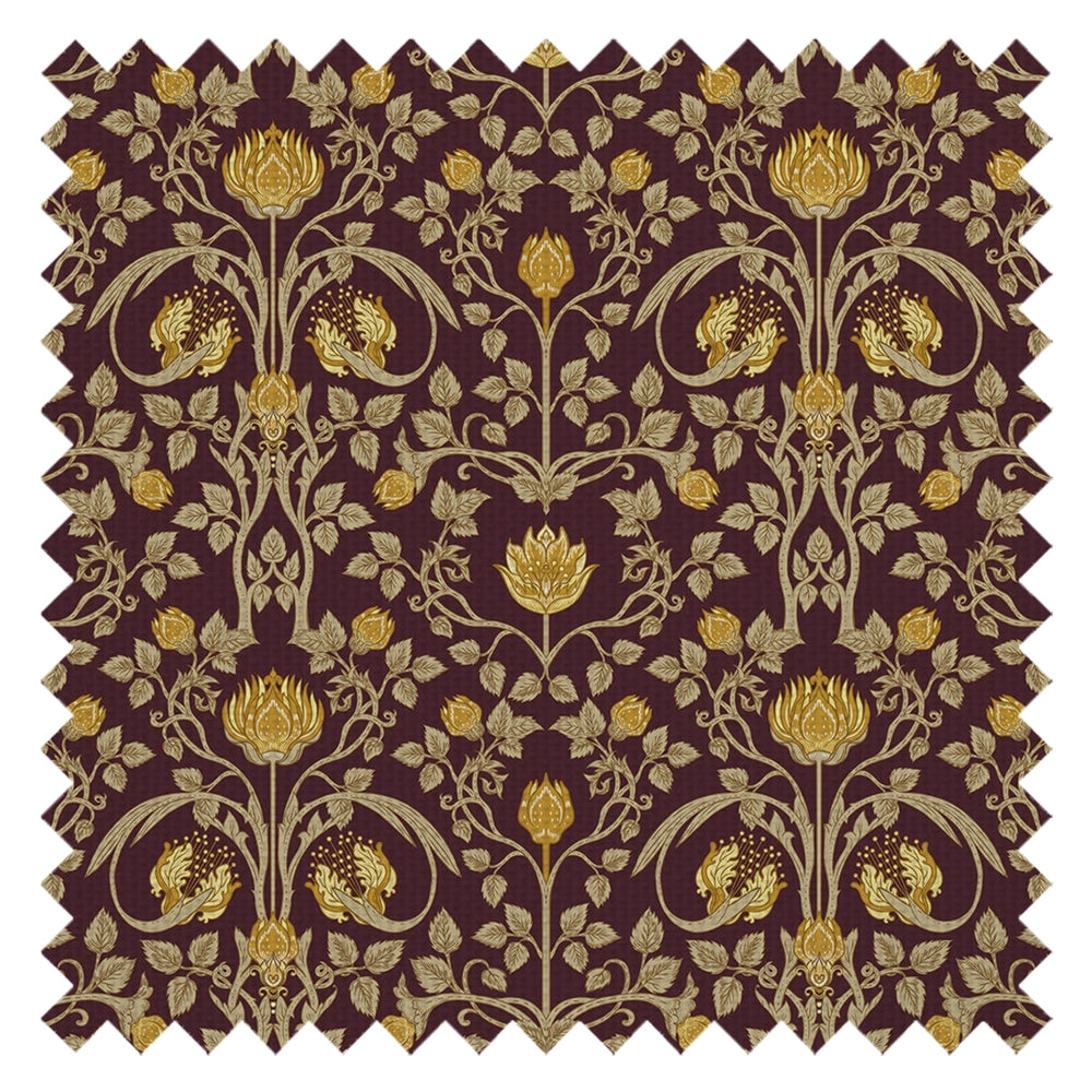 Tulip Garden Fabric in Gold on Bordeaux