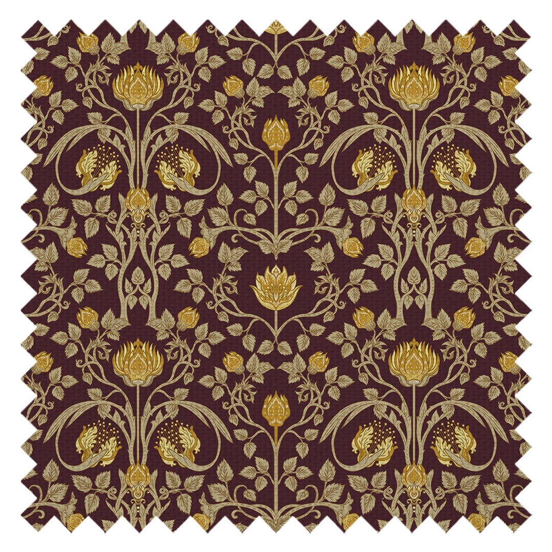 Tulip Garden Fabric in Gold on Bordeaux