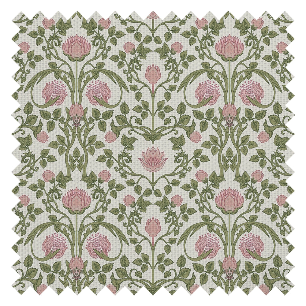 Sample of Tulip Garden Fabric in Sweet Pink and Olive on Cream