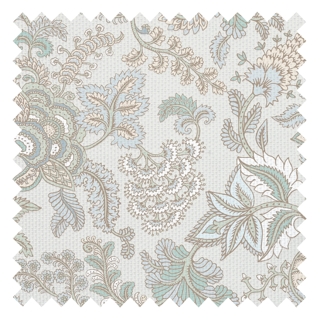 Jacobean Splendour Fabric in Clay Blue and Thunder on Soft Clay