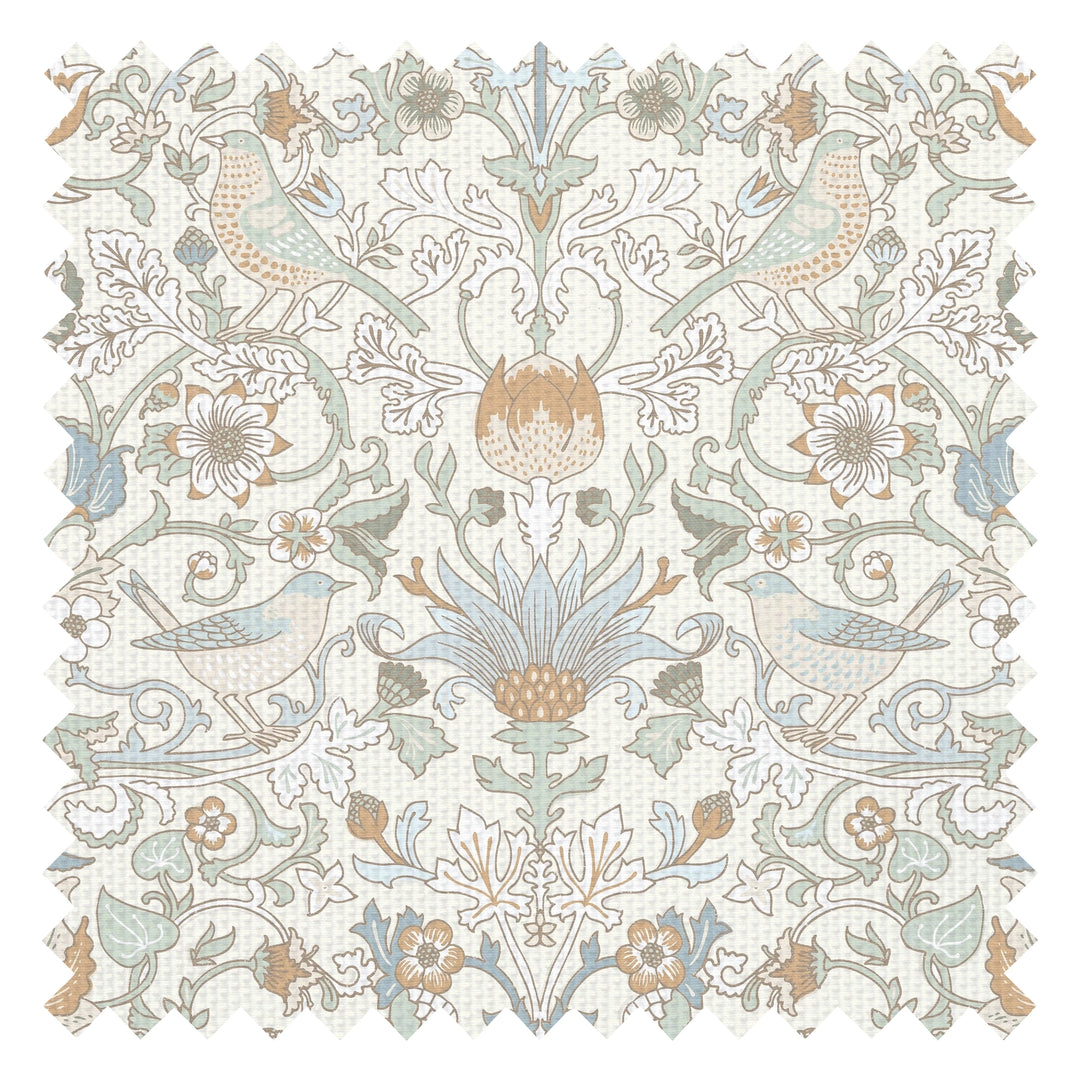 Garden Visitors Fabric in Blue and Hazelnut on Milk Foam
