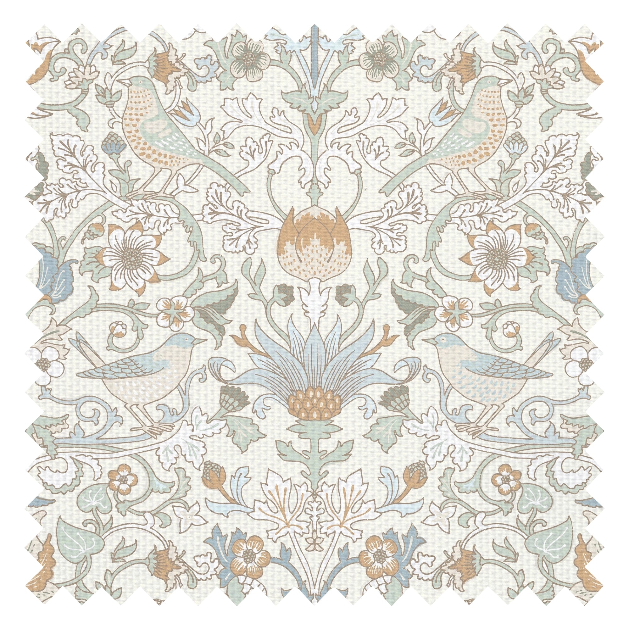 Garden Visitors Fabric in Blue and Hazelnut on Milk Foam