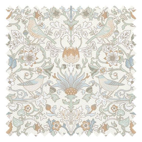 Garden Visitors Fabric in Blue and Hazelnut on Milk Foam