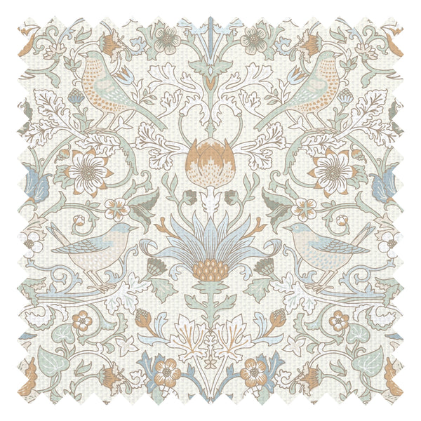 Garden Visitors Fabric in Blue and Hazelnut on Milk Foam