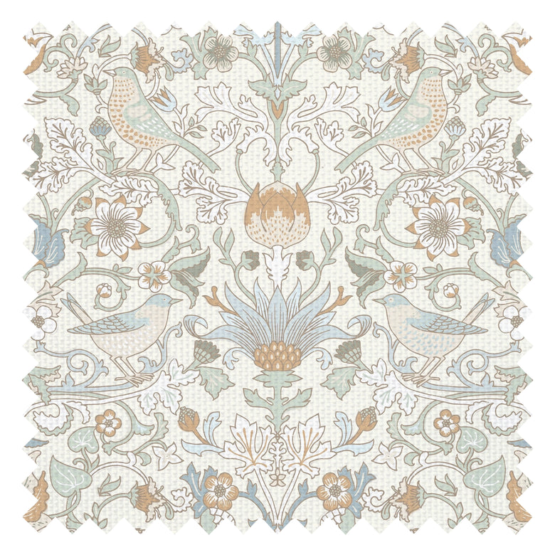 Garden Visitors Fabric in Blue and Hazelnut on Milk Foam