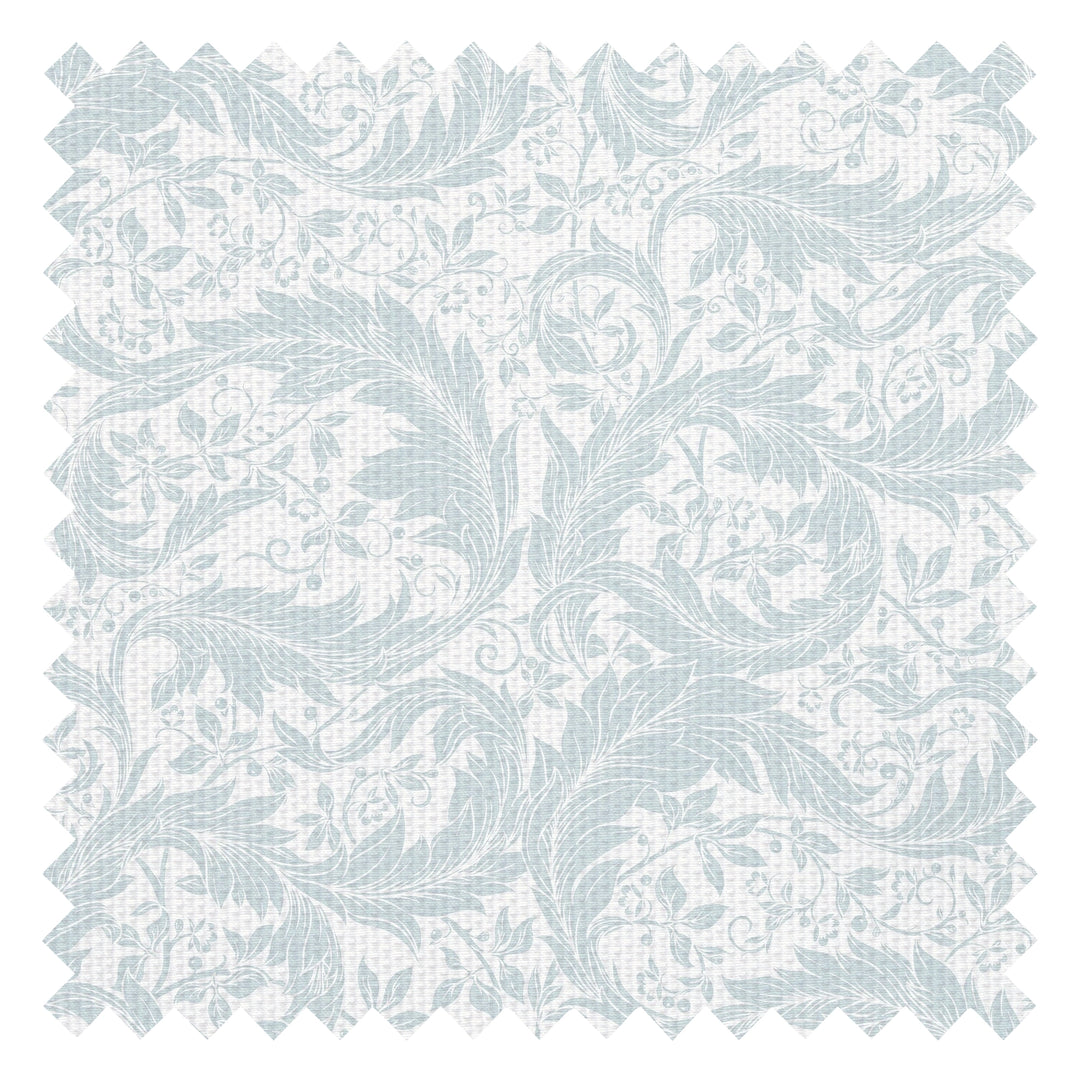 Enchanted Leaf Fabric in Light Blue on Milk White