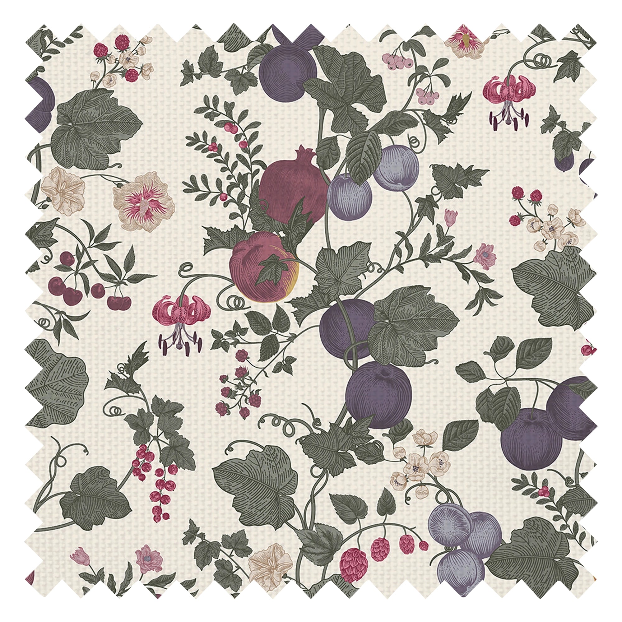 Forgotten Fruit Fabric in Nettle Green, Wild Plum and Lavender on Vintage Cream