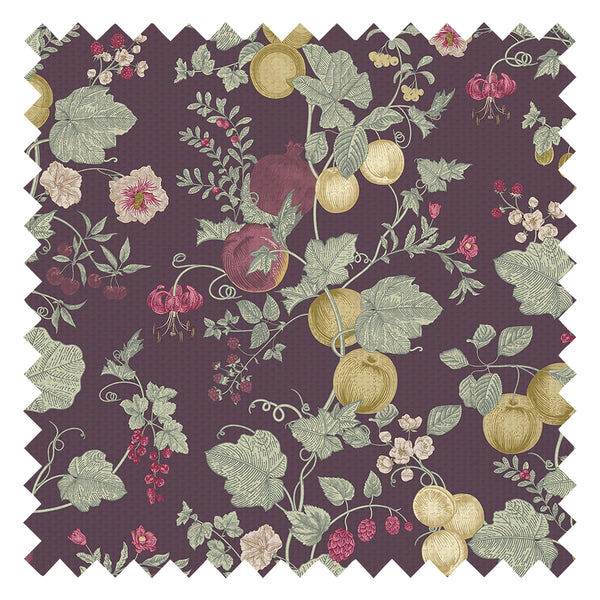 Forgotten Fruit Fabric in Sage Green, Raspberry and Gold on Wild Plum