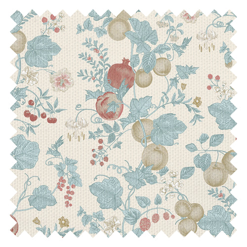 Forgotten Fruit Fabric in Duck Egg and Pomegranate on Vintage Cream