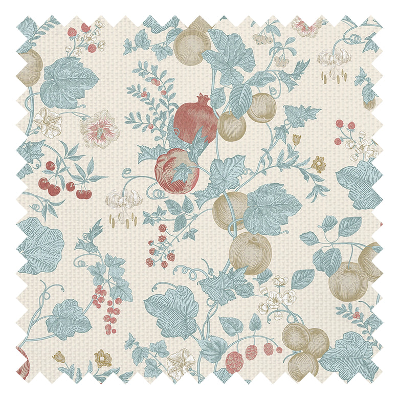 Forgotten Fruit Fabric in Duck Egg and Pomegranate on Vintage Cream