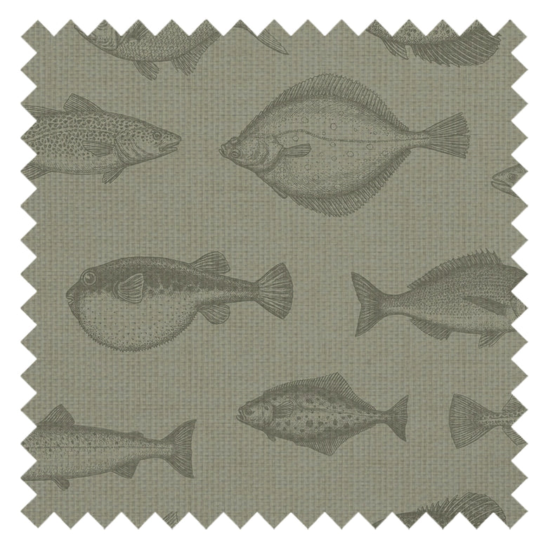 Gone Fishing Fabric in Warm Grey