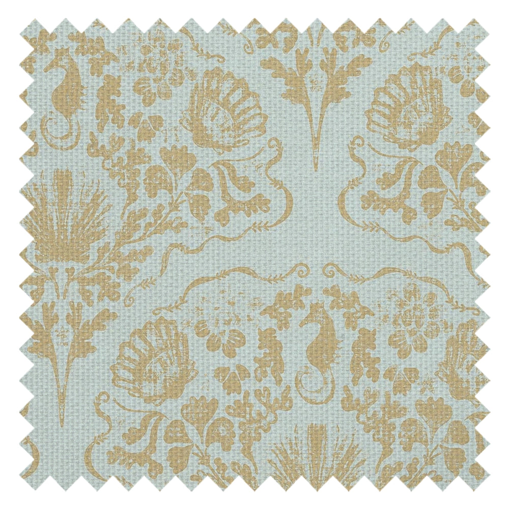 St. Mawes Lace Fabric in Antique Gold on Duck Egg