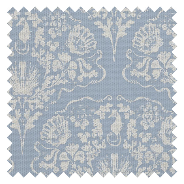 St. Mawes Lace Fabric in Pearl White on Cornflower Blue