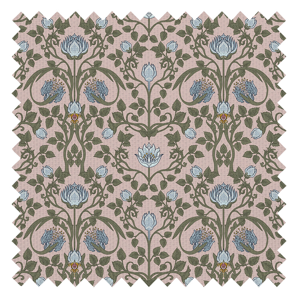 Tulip Garden Fabric in Mineral and Forest Green on Vintage Rose