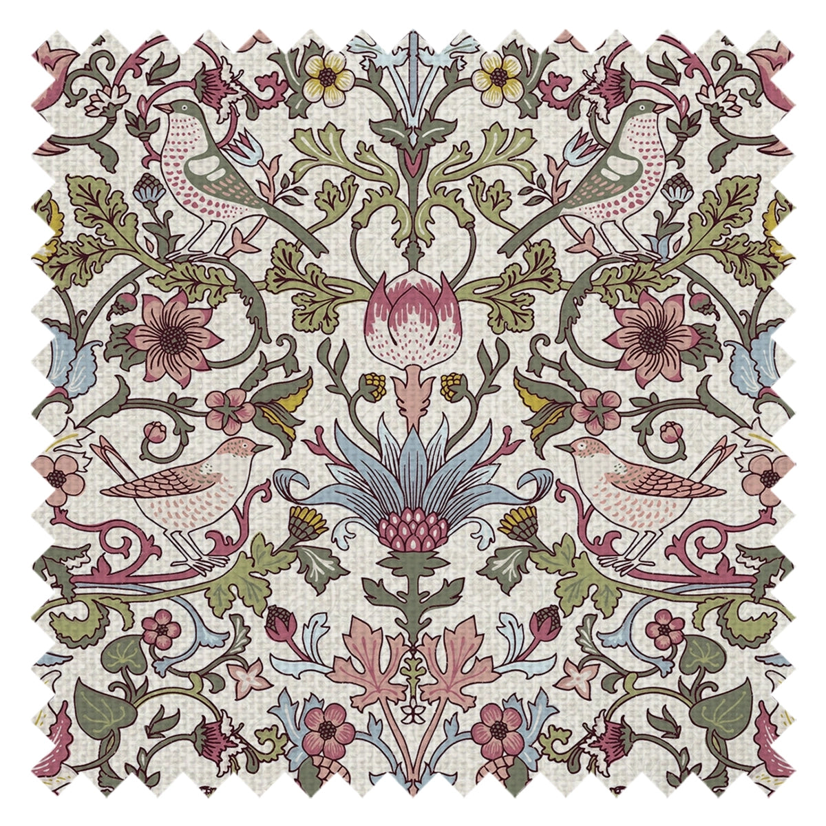 Garden Visitors Fabric in Raspberry, Mineral and Olive on Windsor Cream
