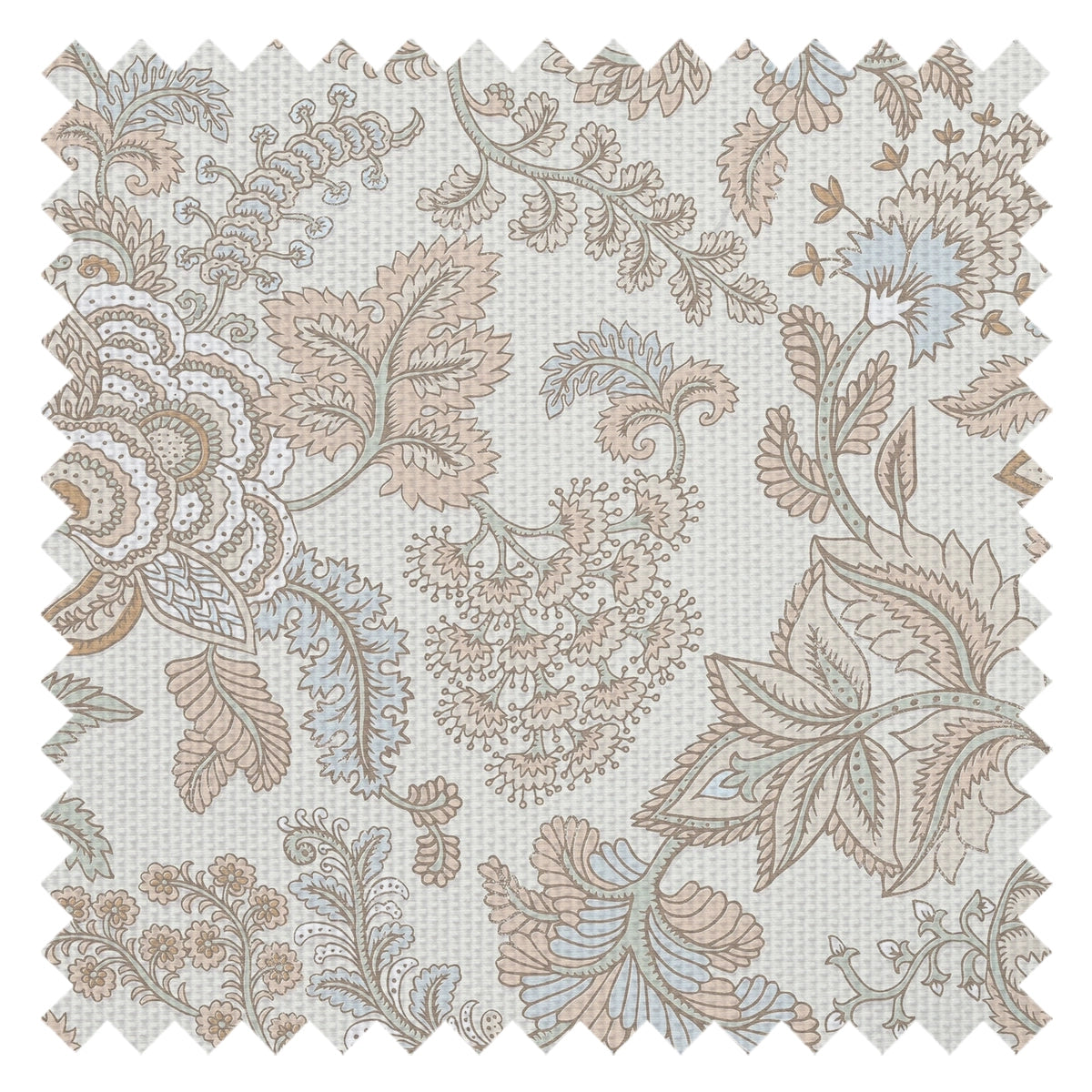 Jacobean Splendour Fabric in Blue and Hazelnut on Milk Foam