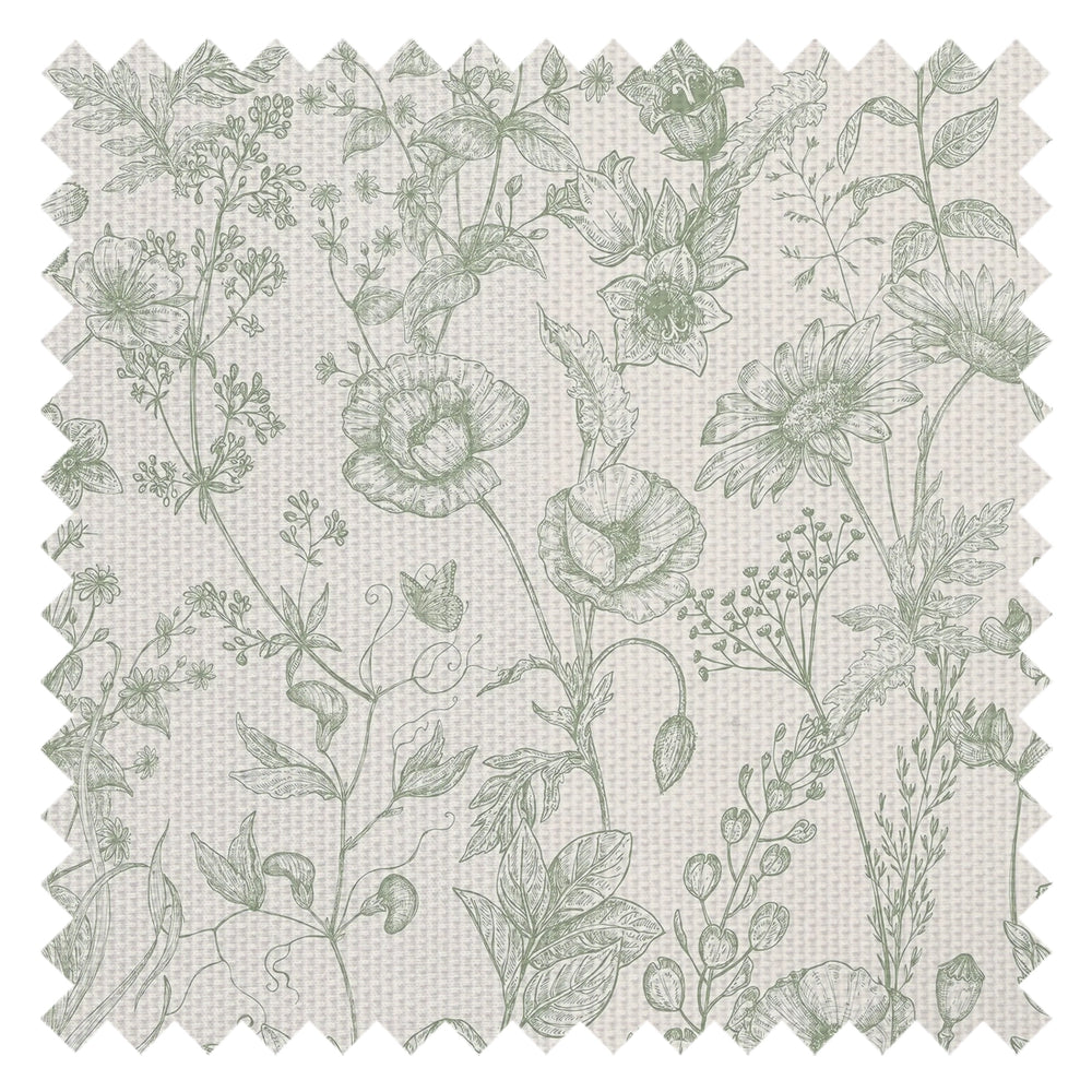 Sample of Sketched Meadow Fabric in Sage on Windsor Cream