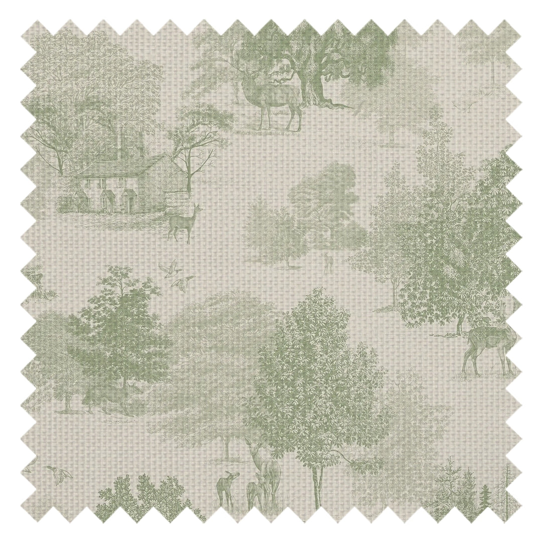 Toile De Jouy Fabric in Sage on Cream