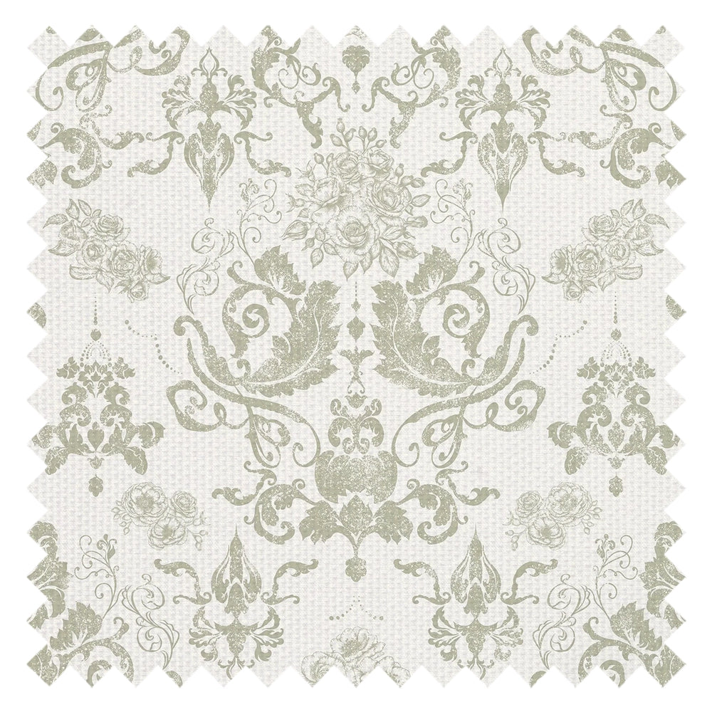 Bridgerton Damask Fabric in Soft Sage on Linen Cream
