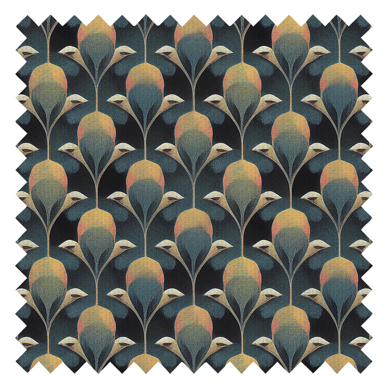 Plume de Paon Fabric in Rustic Green, Ochre and Teal