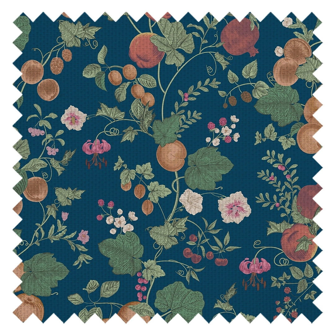 Forgotten Fruit Fabric in Pomegranate and Ochre on Petrol Blue