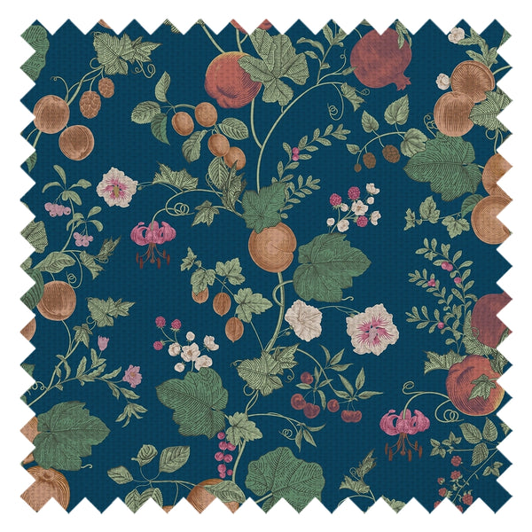 Forgotten Fruit Fabric in Pomegranate and Ochre on Petrol Blue