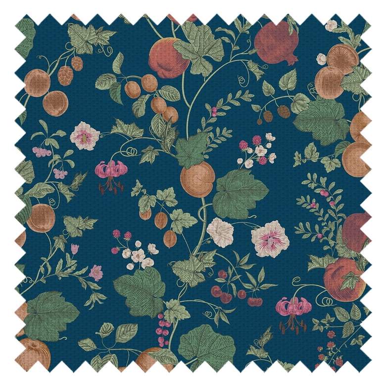 Forgotten Fruit Fabric in Pomegranate and Ochre on Petrol Blue