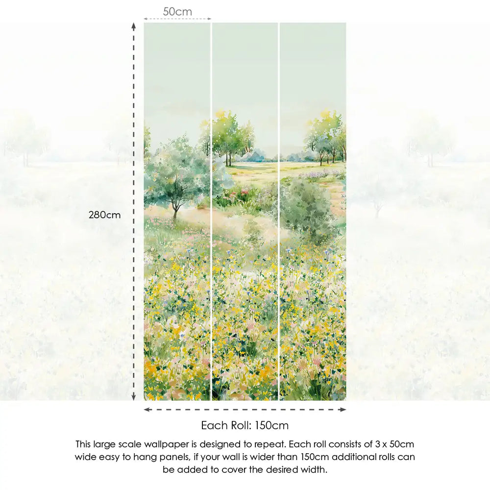 Meadow Masterpiece Wallpaper in Greens, Yellows and Pink